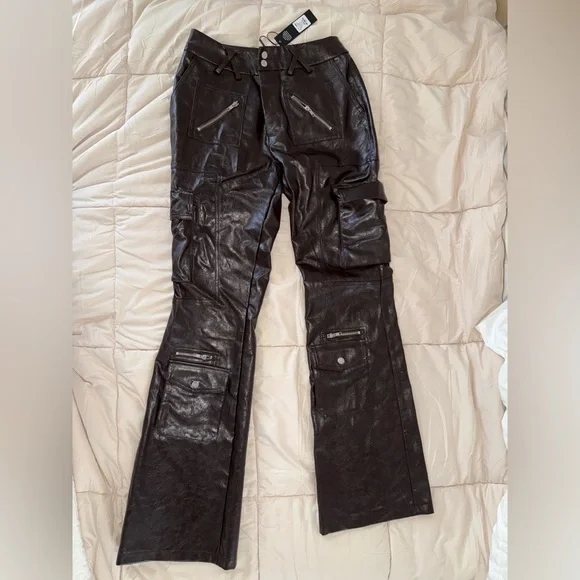 Fashion Nova Brown Leather Wide Leg Pants - Picture 5 of 6